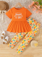 AIN'T NO MAMA LIKE... Print 2pcs Set Girls Short Sleeve Pullover + Flora Pants Set For Summer Outdoor Wear