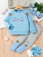 Embroidered Cat Fleece-Lined Hoodie Set