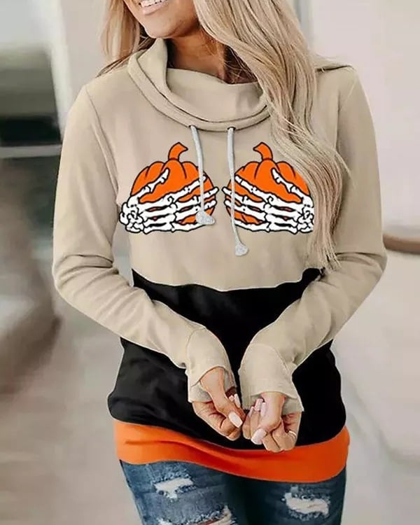 New Ladies Halloween Colorblock Pumpkin Hand Sweatshirt