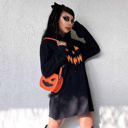 Halloween Pumpkin Printed Hoodie Dress Women 2023 Fall New Casual Fashion Long Sleeve Hooded Sweatshirt Dress Y2K Streetwear