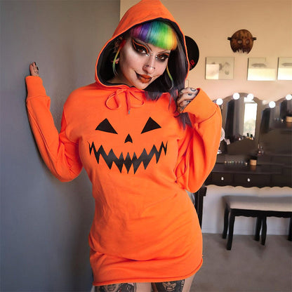 Halloween Pumpkin Printed Hoodie Dress Women 2023 Fall New Casual Fashion Long Sleeve Hooded Sweatshirt Dress Y2K Streetwear