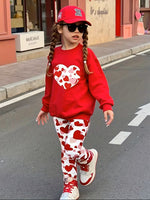 Heart Red Long Sleeve Fleece With Leggings Valentine Two-Piece Outfit