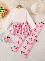 Cherry Blossom Print & Striped Elastic Waist Pants Set