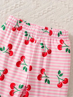 Cherry Blossom Print & Striped Elastic Waist Pants Set