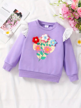 3D Flower Sweatshirt with Lace Sleeves