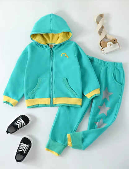 Striped Zip-up Hooded Sweatshirt & Star Print Sweatpants Set