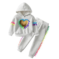 Thick Woolen Hoodie Heart Sequins Tassels & Pants Set