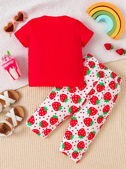 StraBerry In The Patch Print 2pcs Casual Outfit