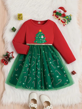Big Girls Christmas Tree Long SLeeve Dress