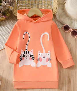 Cute Kittens Trendy Girls Long Sleeve Orange Long Hoodie/ Tunic