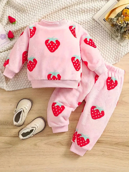 2 Pcs Adorable Strawberry Print Baby Girl's Flannel Set/Pj Set