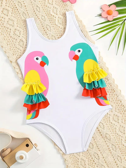 Cute Birds Ruffle One-Piece Swimsuit for Girls