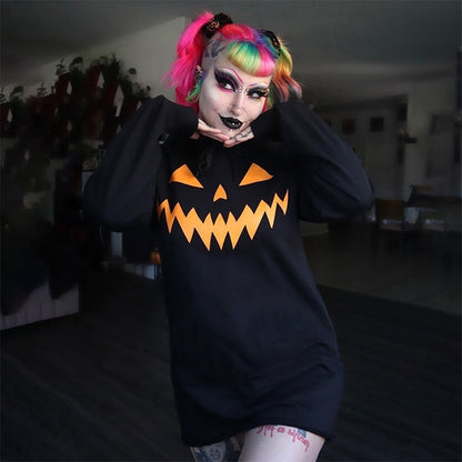 Halloween Pumpkin Printed Hoodie Dress Women 2023 Fall New Casual Fashion Long Sleeve Hooded Sweatshirt Dress Y2K Streetwear