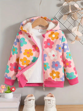 Comfy Floral Print Girls Hooded Fleece Jacket with Zipper Front