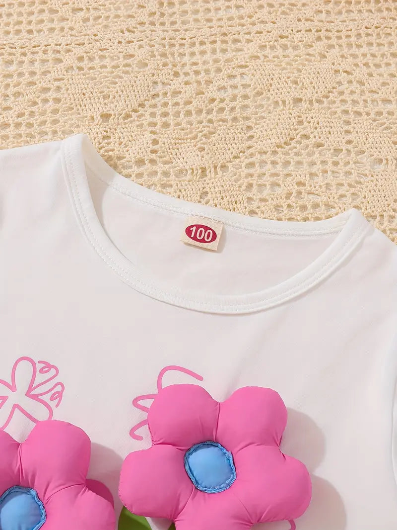 Cotton T-Shirt For Girls With 3D Flower Print