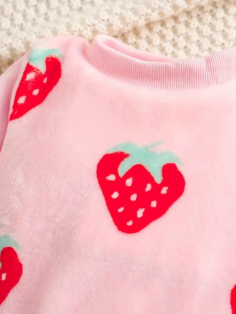 2 Pcs Adorable Strawberry Print Baby Girl's Flannel Set/Pj Set