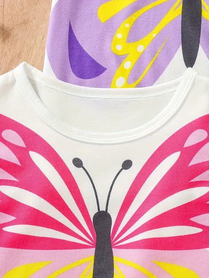 Stylish & Casual Colorful Butterfly Graphic Print Flutter Sleeve T-shirts