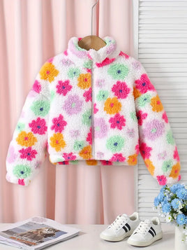 Plush Floral Stand Collar Jacket