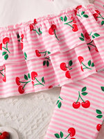 Cherry Blossom Print & Striped Elastic Waist Pants Set