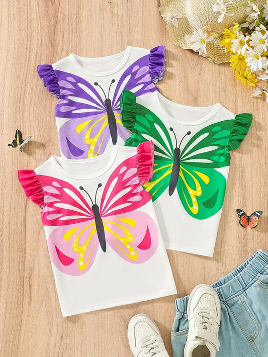 Stylish & Casual Colorful Butterfly Graphic Print Flutter Sleeve T-shirts