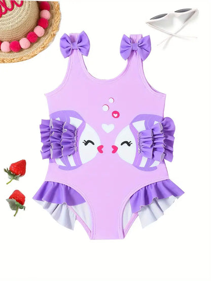 Girls Fish Decor Bow Decor Ruffle Trim Swimwear