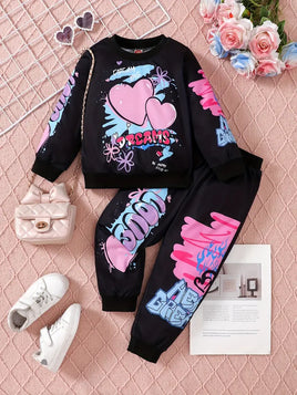 Heart & Letter Print Sweatshirt and Pants Set