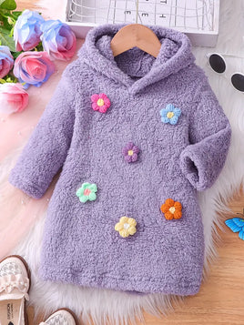 3D Floral Plush Hooded Winter Dress