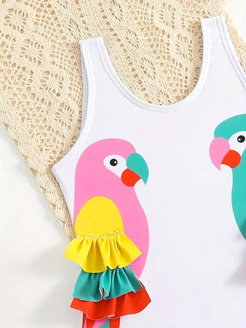 Cute Birds Ruffle One-Piece Swimsuit for Girls