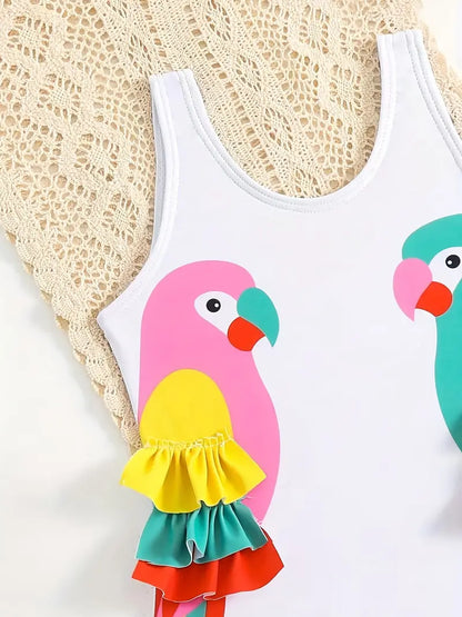 Cute Birds Ruffle One-Piece Swimsuit for Girls