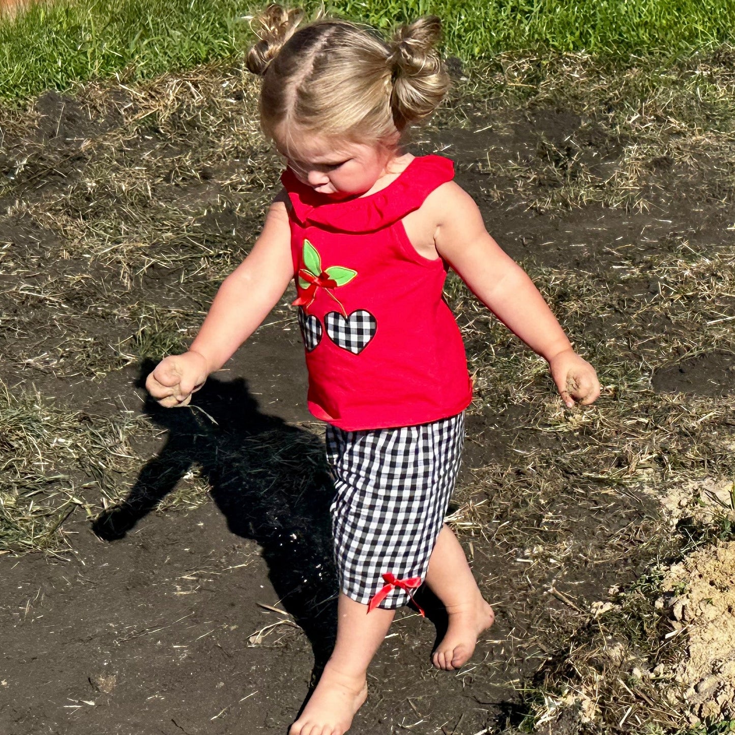 Girls Red Cherry Ruffled Tunic and Gingham Woven Shorts Outfit