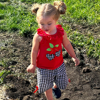 Girls Red Cherry Ruffled Tunic and Gingham Woven Shorts Outfit