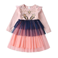 Sequin Bunny Star Ears Cotton Dress - Pink and Gold