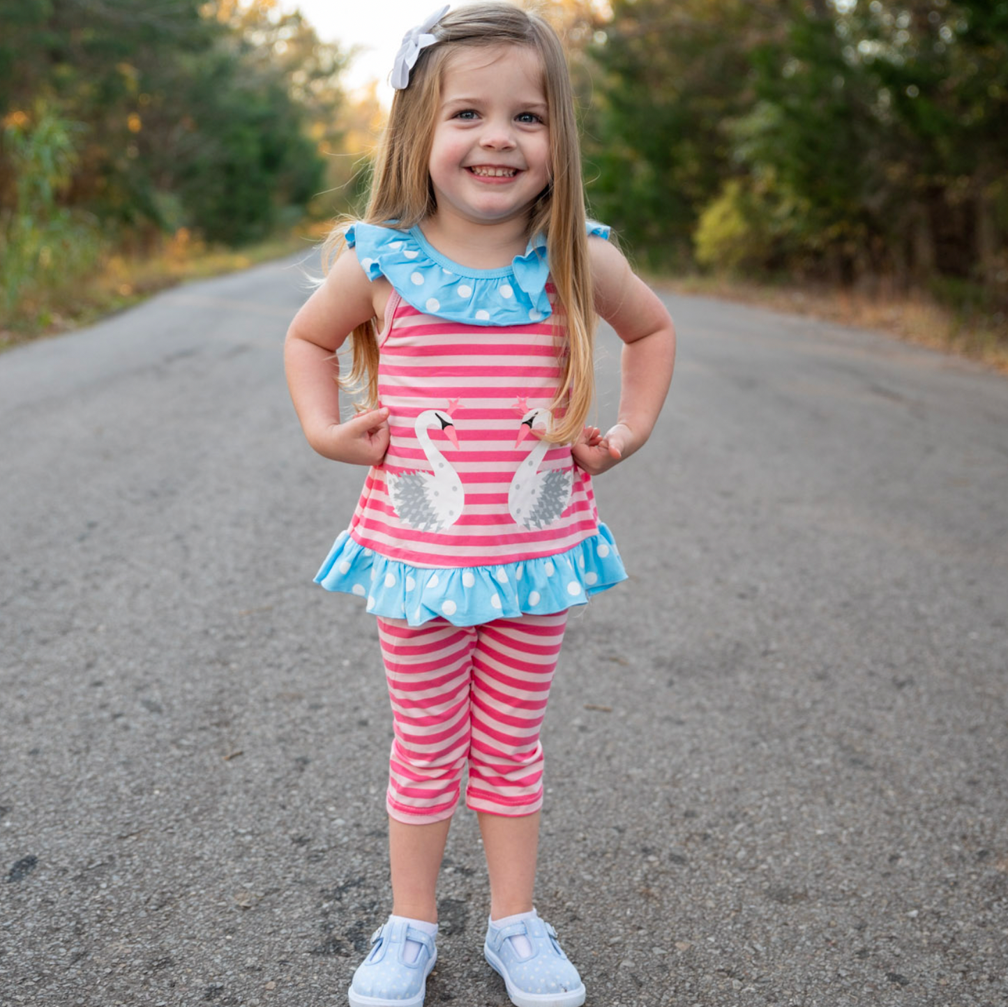 Girls Pink Swan Princess Striped Tunic and Capri Leggings Outfit