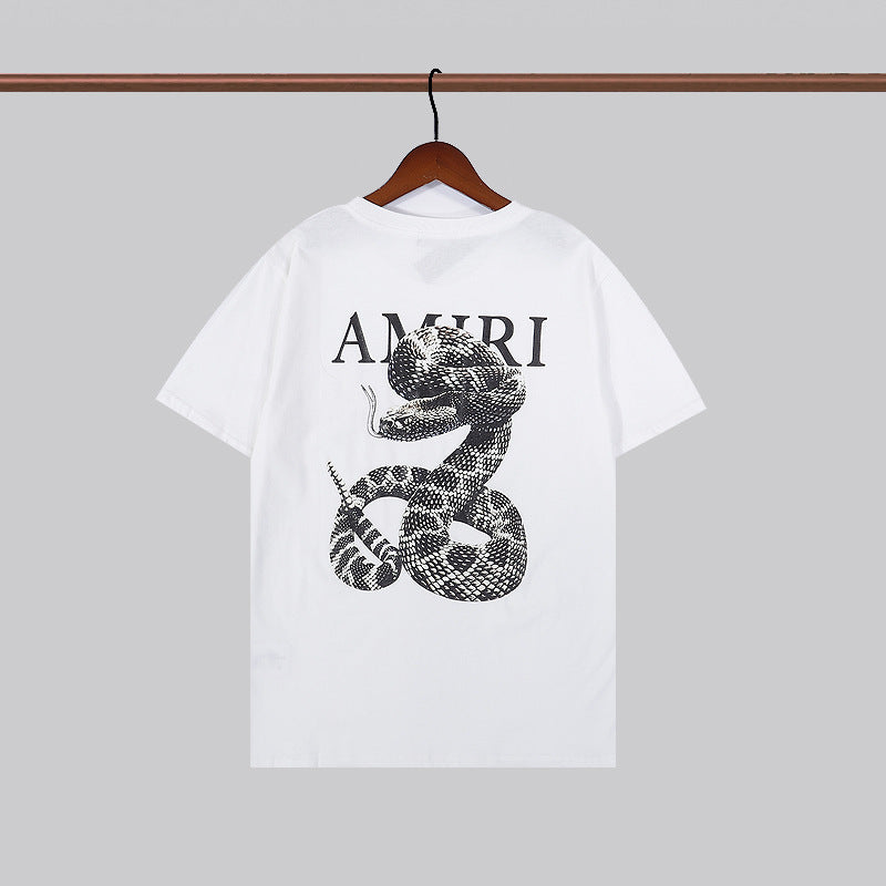 Cross-border foreign trade European and American fashion summer colorful letters amiri printed short sleeve men and women all-match round neck loose T-shirt