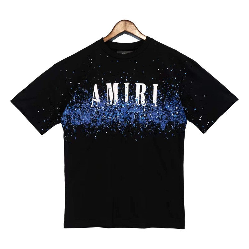 Cross-border wholesale correct version amiri splash ink flow paint camouflage starry sky graffiti letters short sleeve High Street sweethearts T-shirt