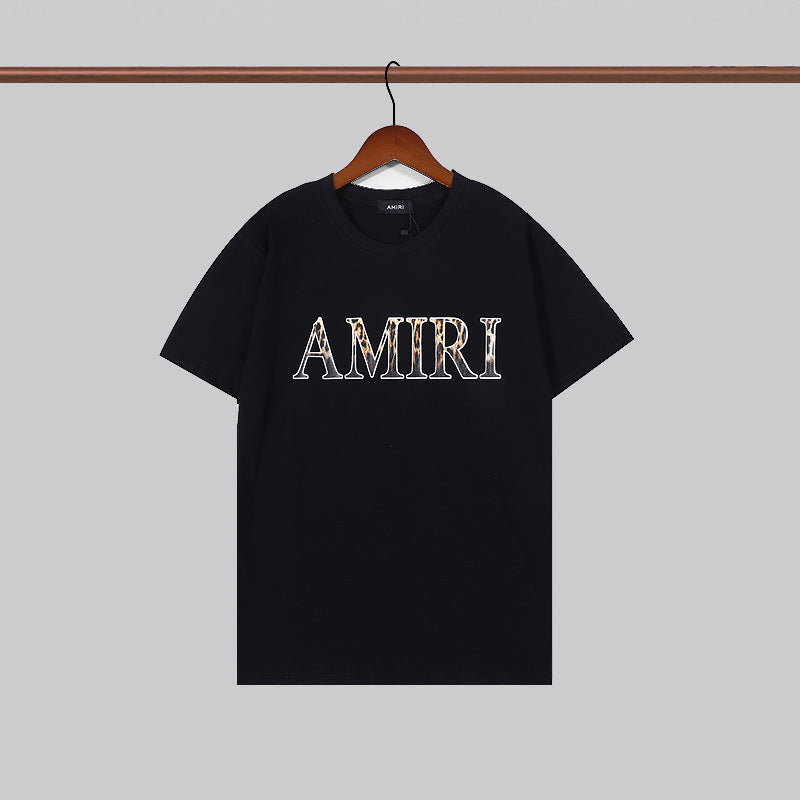 Cross-border foreign trade European and American fashion summer colorful letters amiri printed short sleeve men and women all-match round neck loose T-shirt