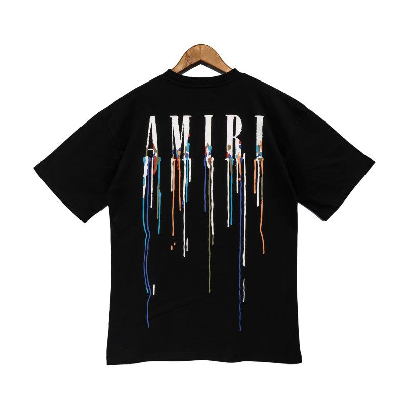 Cross-border wholesale correct version amiri splash ink flow paint camouflage starry sky graffiti letters short sleeve High Street sweethearts T-shirt