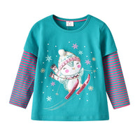 Snowman Snowflake Girls Long Sleeve Striped Cotton T Shirt
