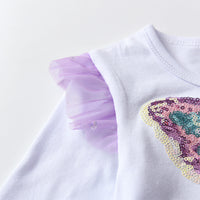 Adorable Butterfly Sequin White And Purple Long Sleeve Cotton Dress