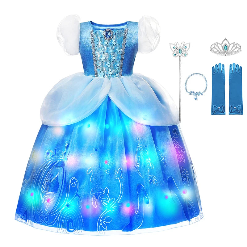 LED Light Up Disney Princess Dress for Girls Halloween Costume Cosplay Cinderella  Comic Con Kids Gown Halloween Party Robe