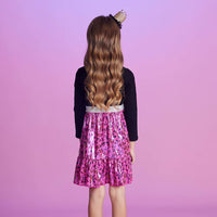 Adorable Black and Pink Cat Design Kids Cotton Shiny Dress