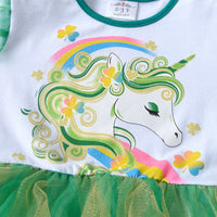 Green Unicorn Mesh Long Sleeve Cotton Dress Perfect for St Patrick's Day