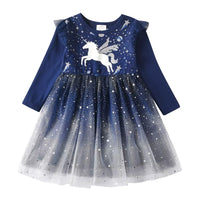 4t Navy Unicorn Cotton Dress with Glitter Tulle