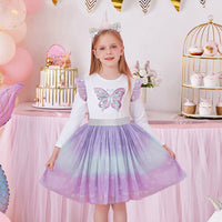 Adorable Butterfly Sequin White And Purple Long Sleeve Cotton Dress