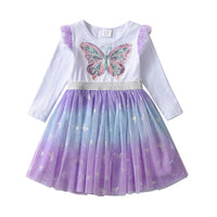 Adorable Butterfly Sequin White And Purple Long Sleeve Cotton Dress