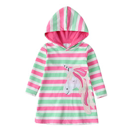 Hooded Unicorn Striped Straight Sequin Cotton Dress