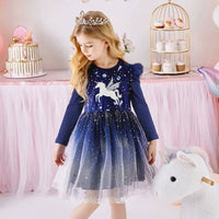 4t Navy Unicorn Cotton Dress with Glitter Tulle