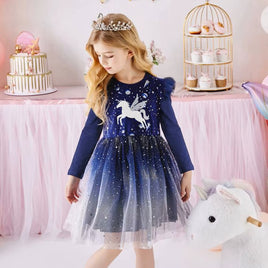 4t Navy Unicorn Cotton Dress with Glitter Tulle