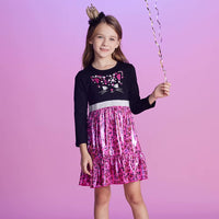 Adorable Black and Pink Cat Design Kids Cotton Shiny Dress
