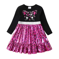 Adorable Black and Pink Cat Design Kids Cotton Shiny Dress